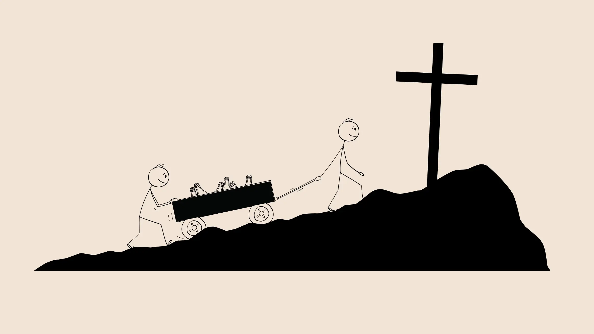 Christi Himmelfahrt Illustration zweier Menschen, die mit Bollerwagen zum Jesuskreuz pilgern
