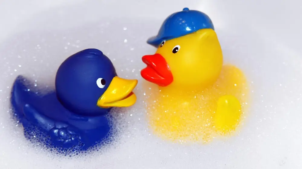 Duschen statt Baden Eine blaue und eine gelbe Bade-Ente