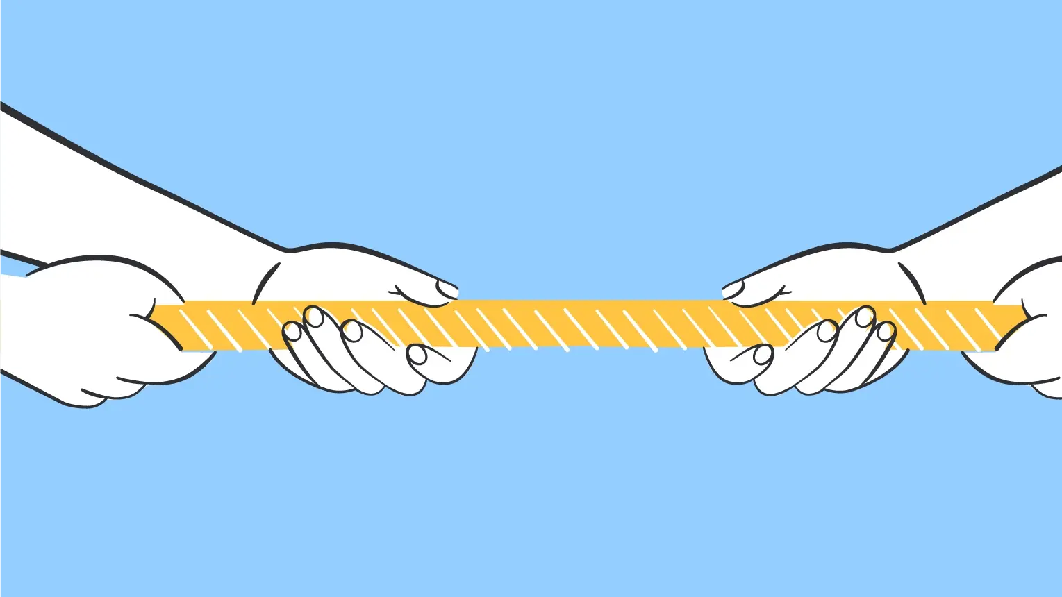 Tauziehen - zwei Paar Hände ziehen an den beiden Enden eines Seils