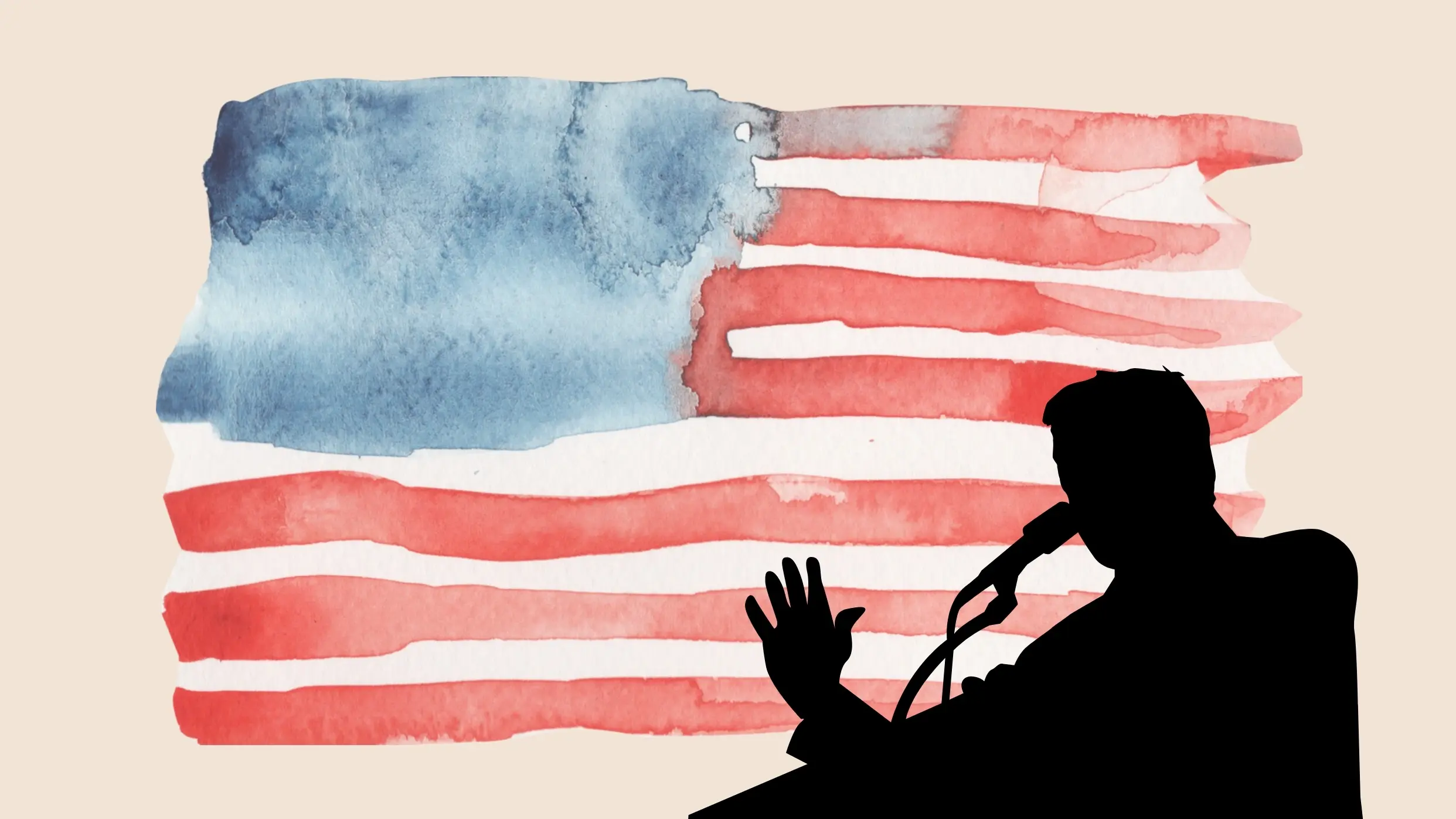 Überalterte US-Politik? Illustration der USA-Flagge und eines Redners am Pult