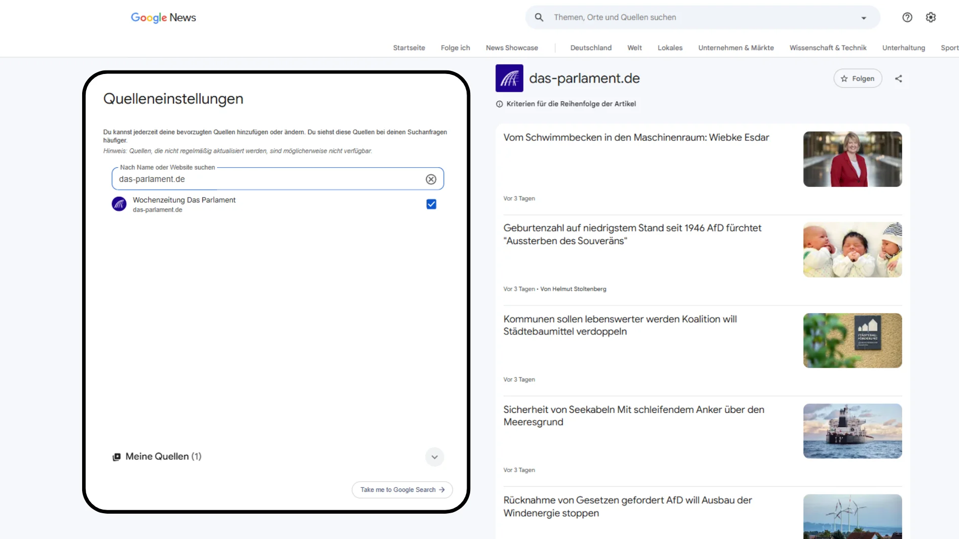 Auswahlmöglichkeit der bevorzugten Nachrichten-Quellen bei Google-Account