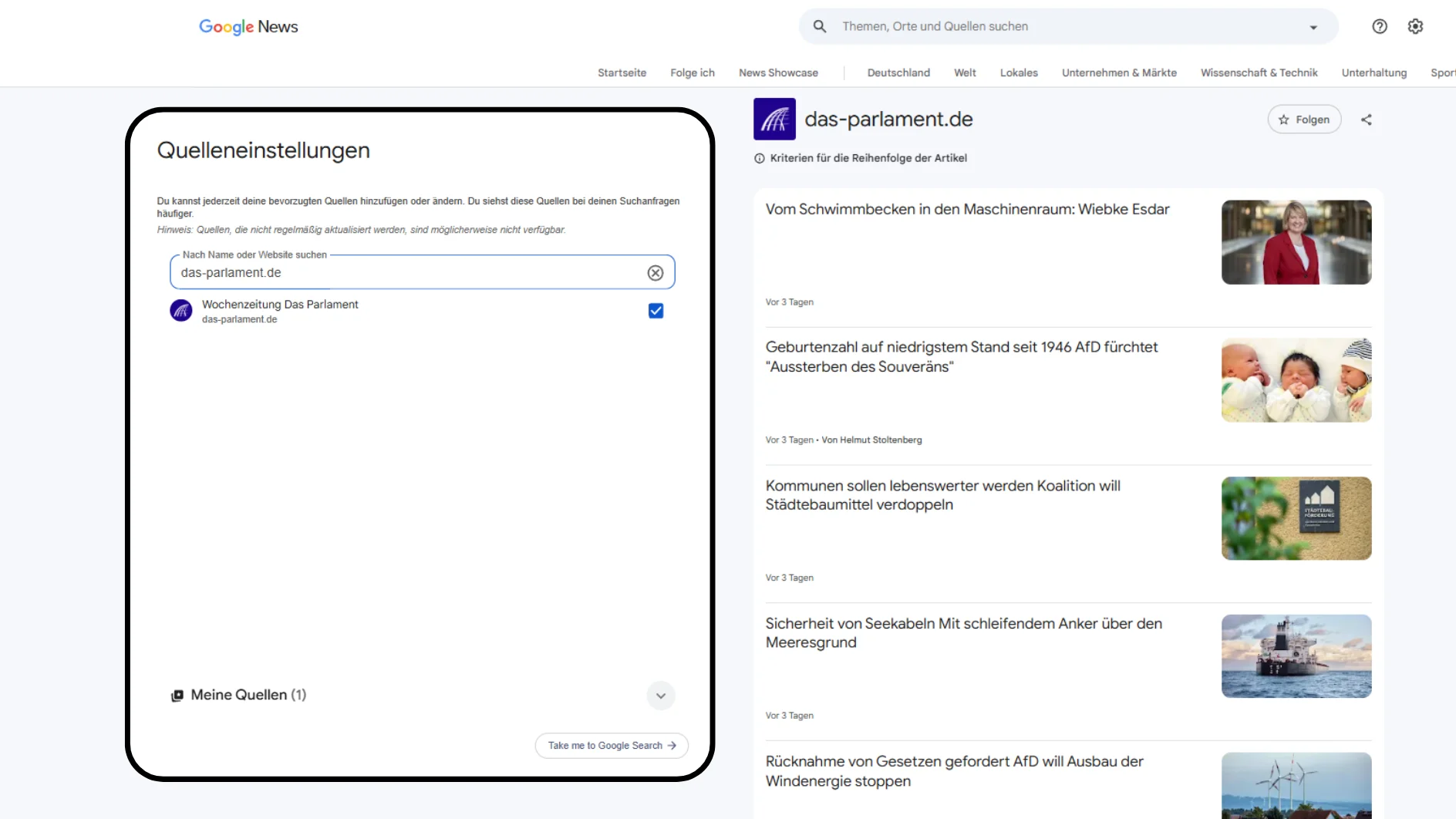  Auswahlmöglichkeit der bevorzugten Nachrichten-Quellen bei Google-Account