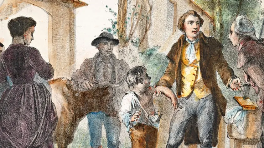 Das Bild zeigt das Gemälde einer nachgestellten Szene der ersten Pockenimpfung.