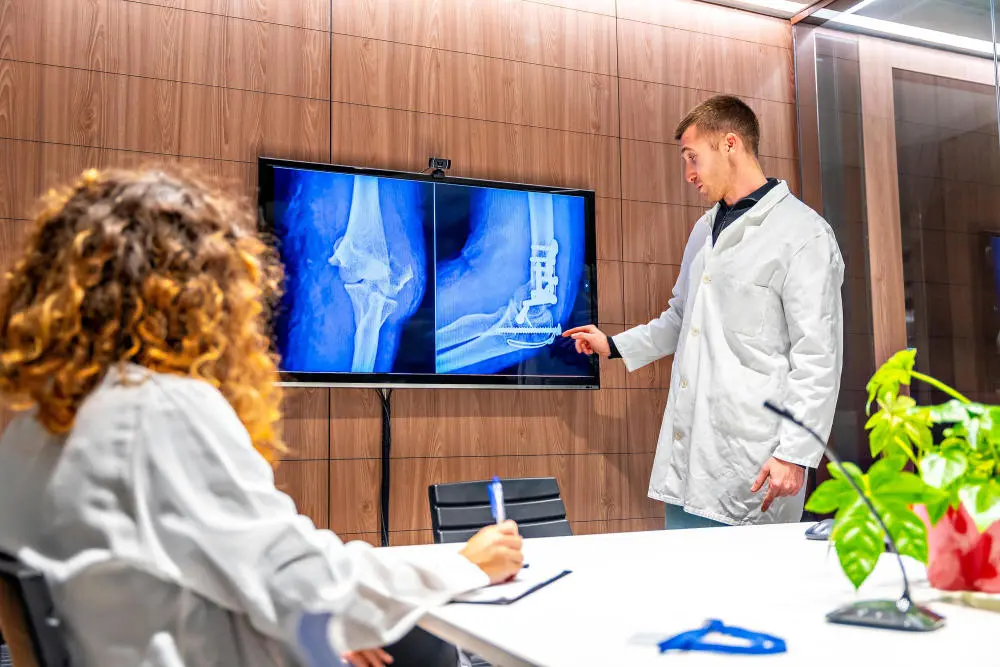 Ärzte betrachten Röntgenaufnahmen einer Hüfte
