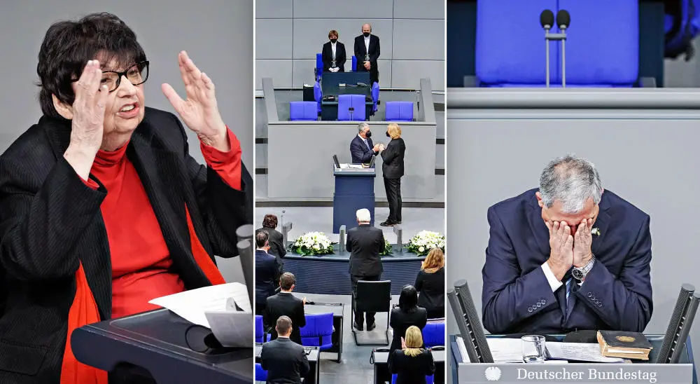 Das Bild zeigt eine Collage aus Szenen der Gedenkstunde im Bundestag.