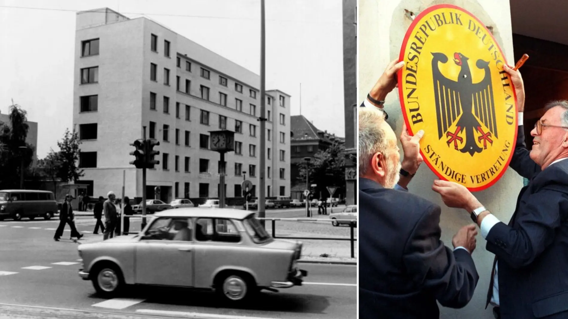 Die StäV 1974 und das Ende in 1990 Schwarz-weiß-Bild der StäV in 1974 und ein Farbbild des StäV-Schildes 1990