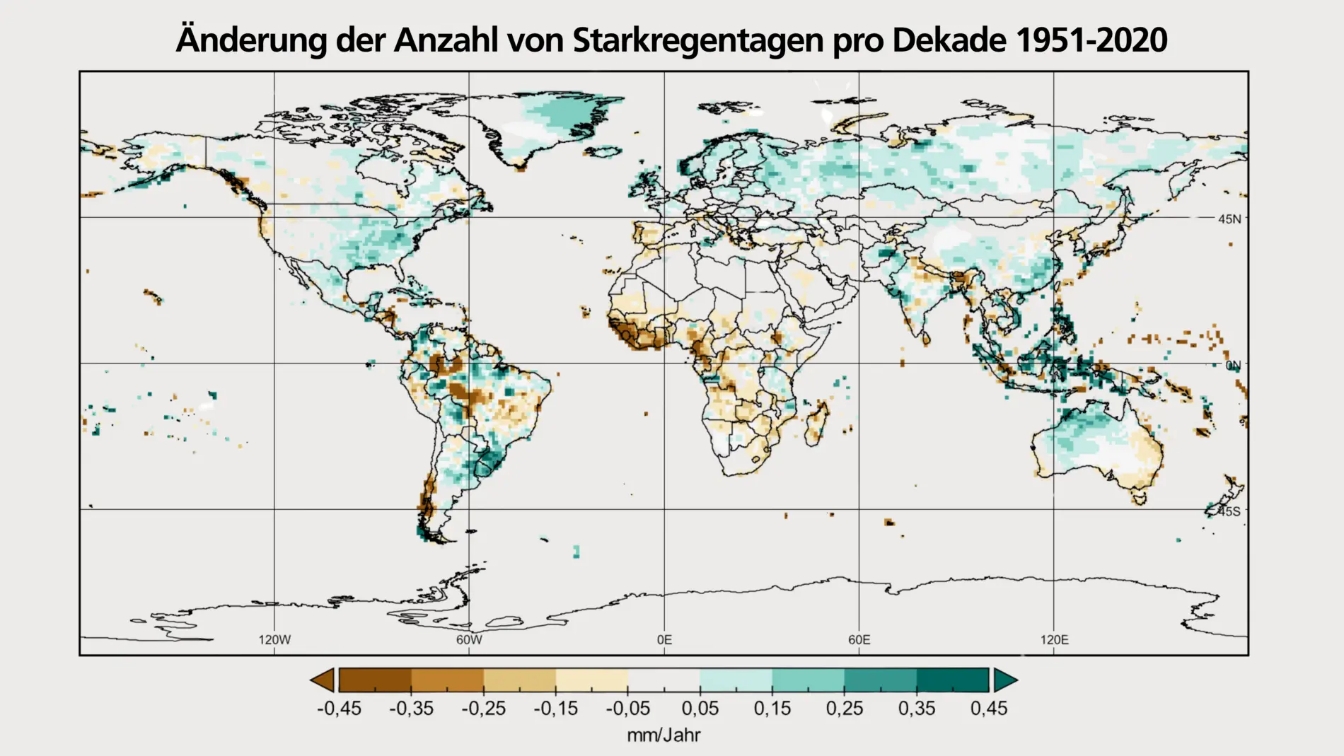 Anzahl von Starkregentagen pro Dekade 1951-2020 Grafik zur Änderung der Anzahl von Starkregentagen pro Dekade 1951-2020