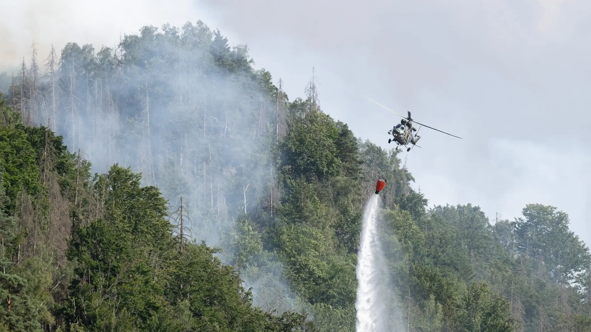 Löschhubschrauber über dem brennenden Wald in der Sächsischen Schweiz