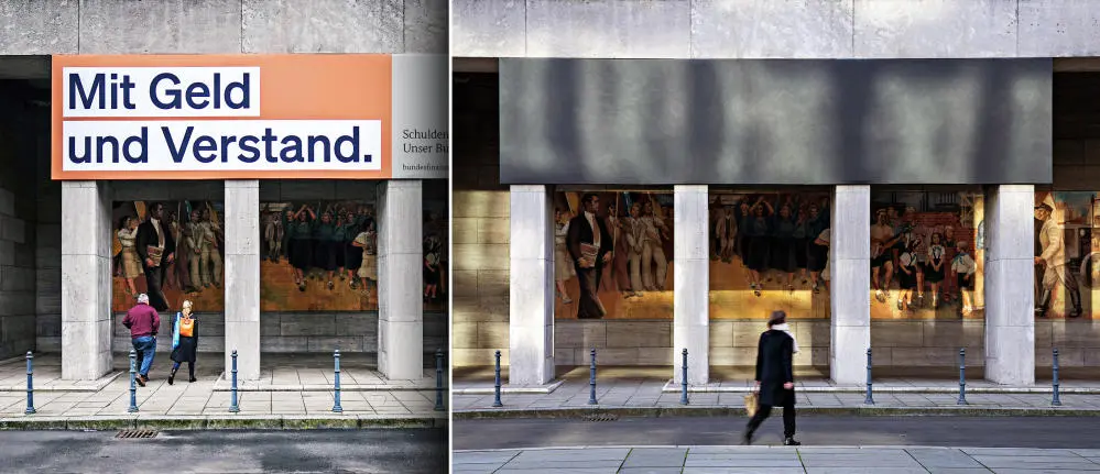 Das Bundesfinanzministerium in Berlin Collage mit Bildern vom Eingangsbereich des Finanzministeriums
