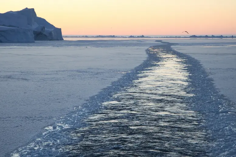 Ein Eisbrecher hat sich den Weg durch den teils zugefrorenen Ilulissat-Eisfjord gebahnt, während daneben riesige Eisberge in die Höhe ragen.