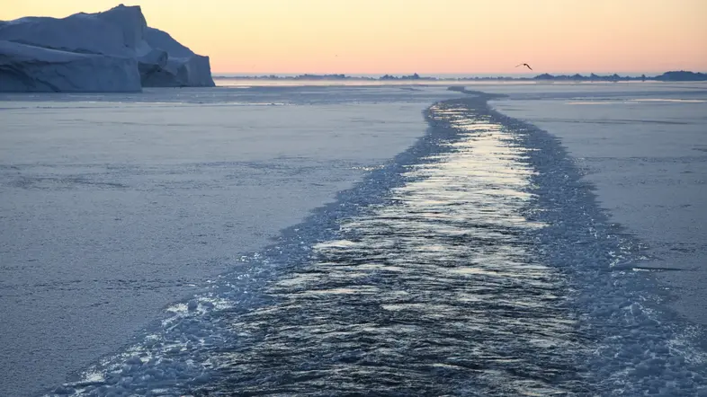 Ein Eisbrecher hat sich den Weg durch den zugefrorenen Eisfjord gebahnt