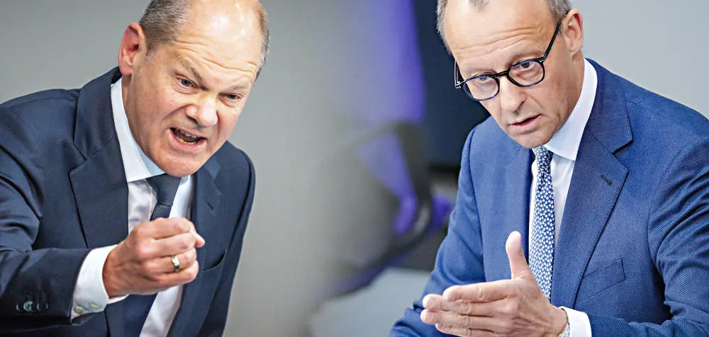 Porträts von Scholz und Merz mit ernster Miene, gestikulierend
