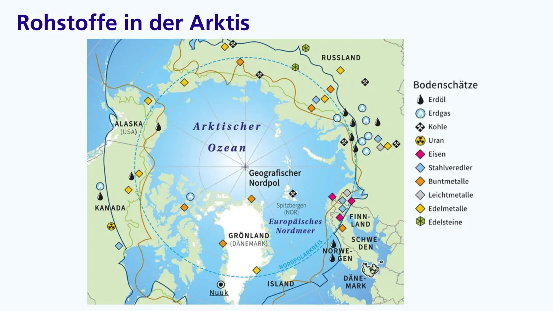 Die Arktis und ihre Bodenschätze Karte der Arktis und ihrer Bodenschätze