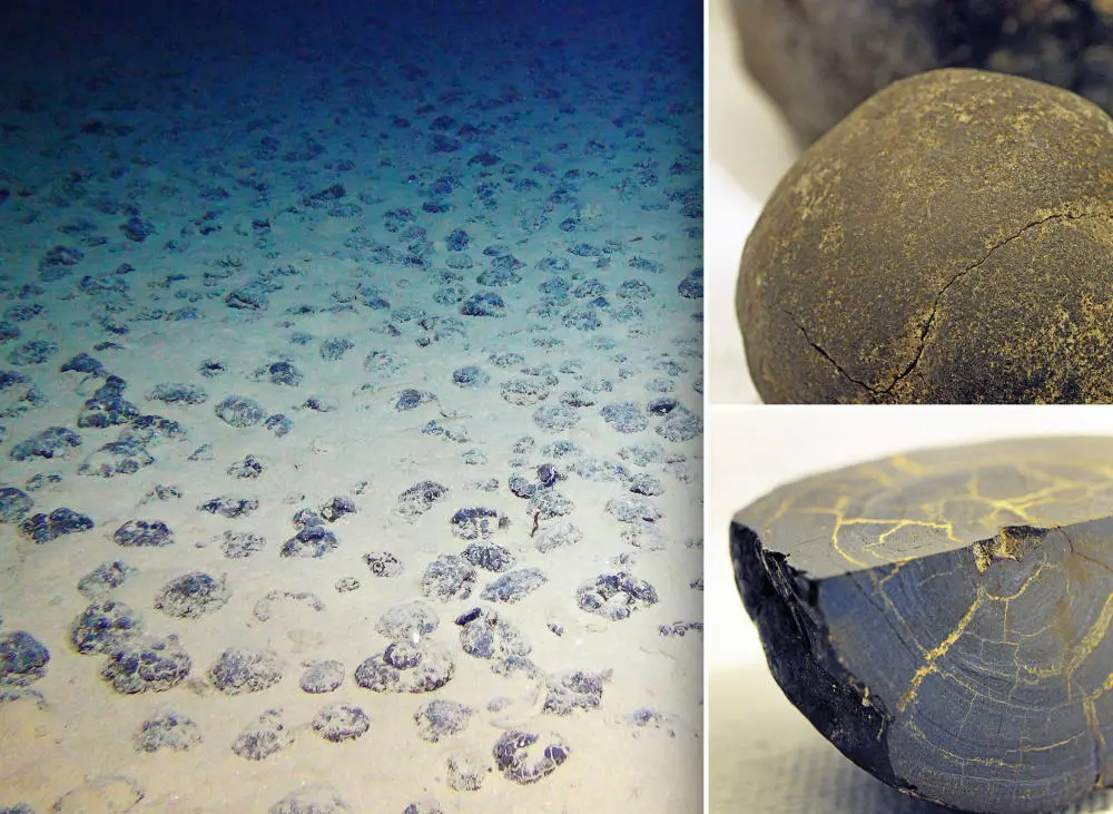 Collage aus Manganknollen auf dem Meeresgrund und zwei Nahaufnahmen