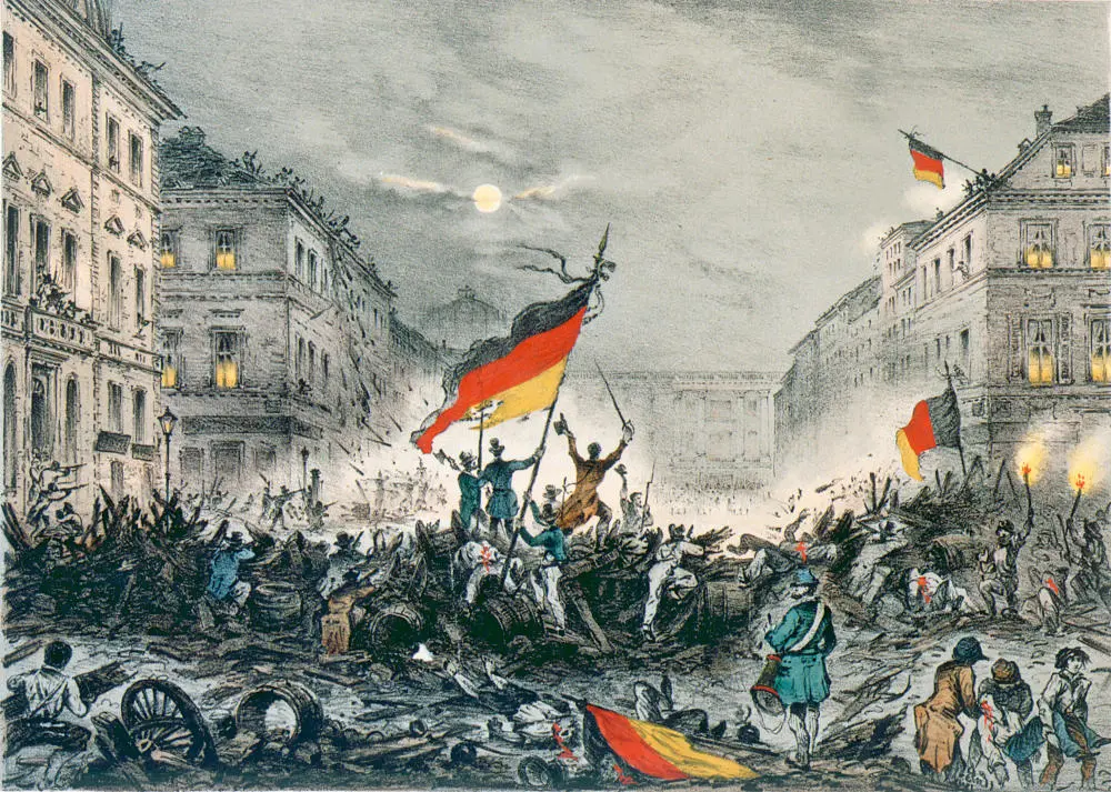 Zeitgenössische Lithografie von den Straßenkämpfen in Berlin während der Revolution von 1948/49. 