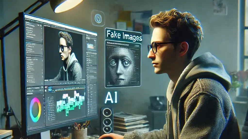 KI-generierter Internettroll KI-generiertes Bild eines jungen Mannes, der vor einem Computer sitzt