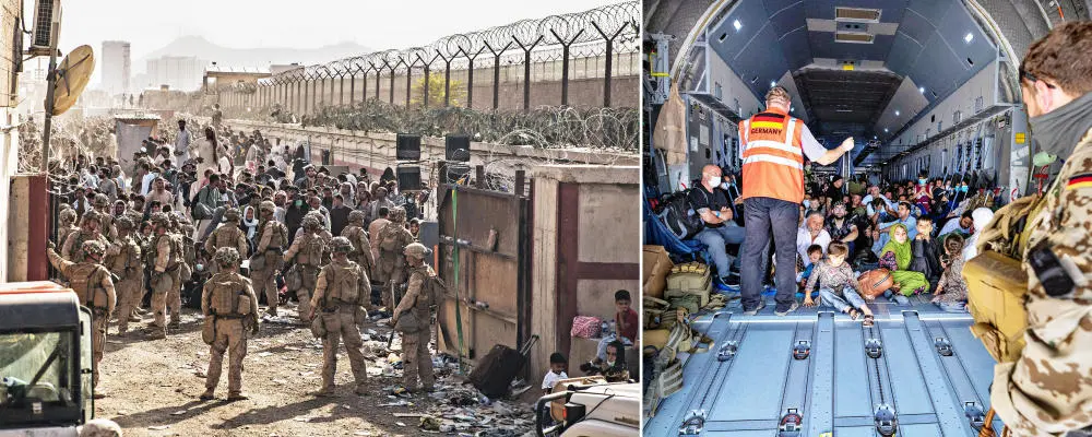 Zwei Bilder zeigen zahlreiche Ausreisewillige auf dem Flughafengelände in Kabul. 