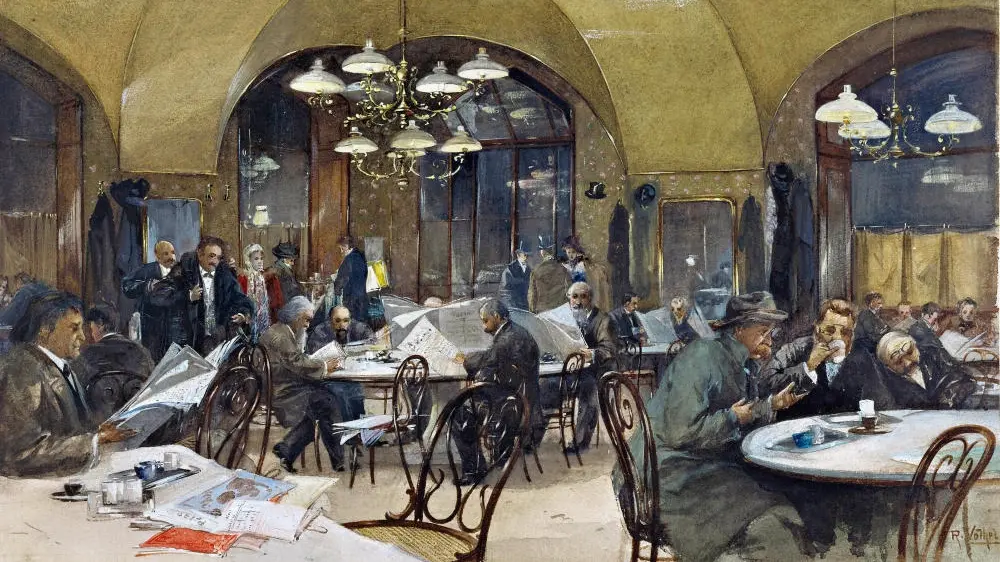 Café Größenwahn Eine Zeichnung davon wie Gäste im Café sitzen, Kaffee trinken und Zeitung lesen