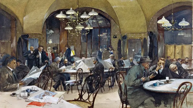 Eine Zeichnung davon wie Gäste im Café sitzen, Kaffee trinken und Zeitung lesen