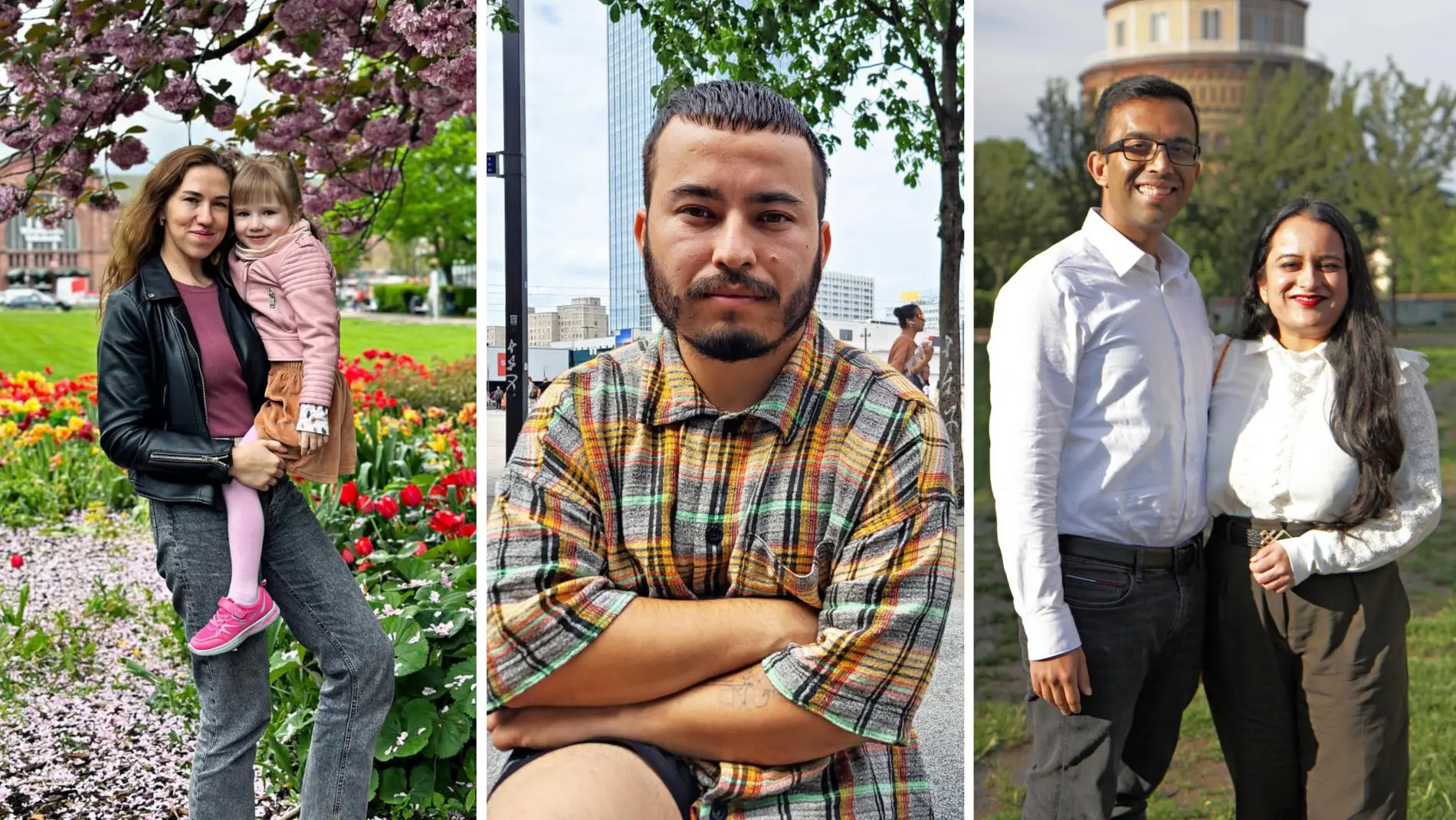 Vier Menschen, drei Geschichten: Olha Rymska aus der Ukraine, Ibrar Mirzai aus Afghanistan und das Ehepaar Pal aus Indien Collage der drei Porträtierten