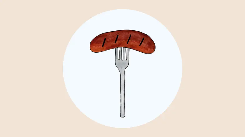 Illustration einer Wurst auf einer Gabel