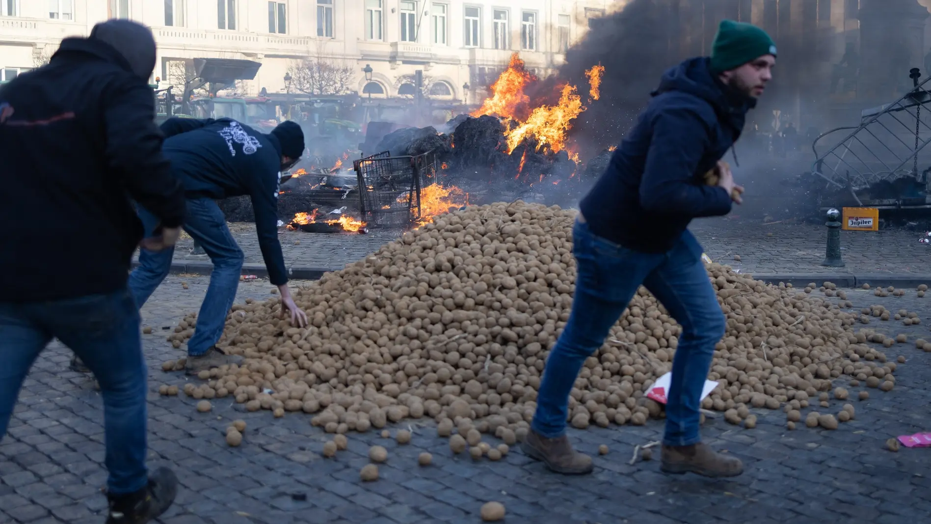 Demonstranten werfen in der Nähe des Europäischen Parlaments mit Kartoffeln.