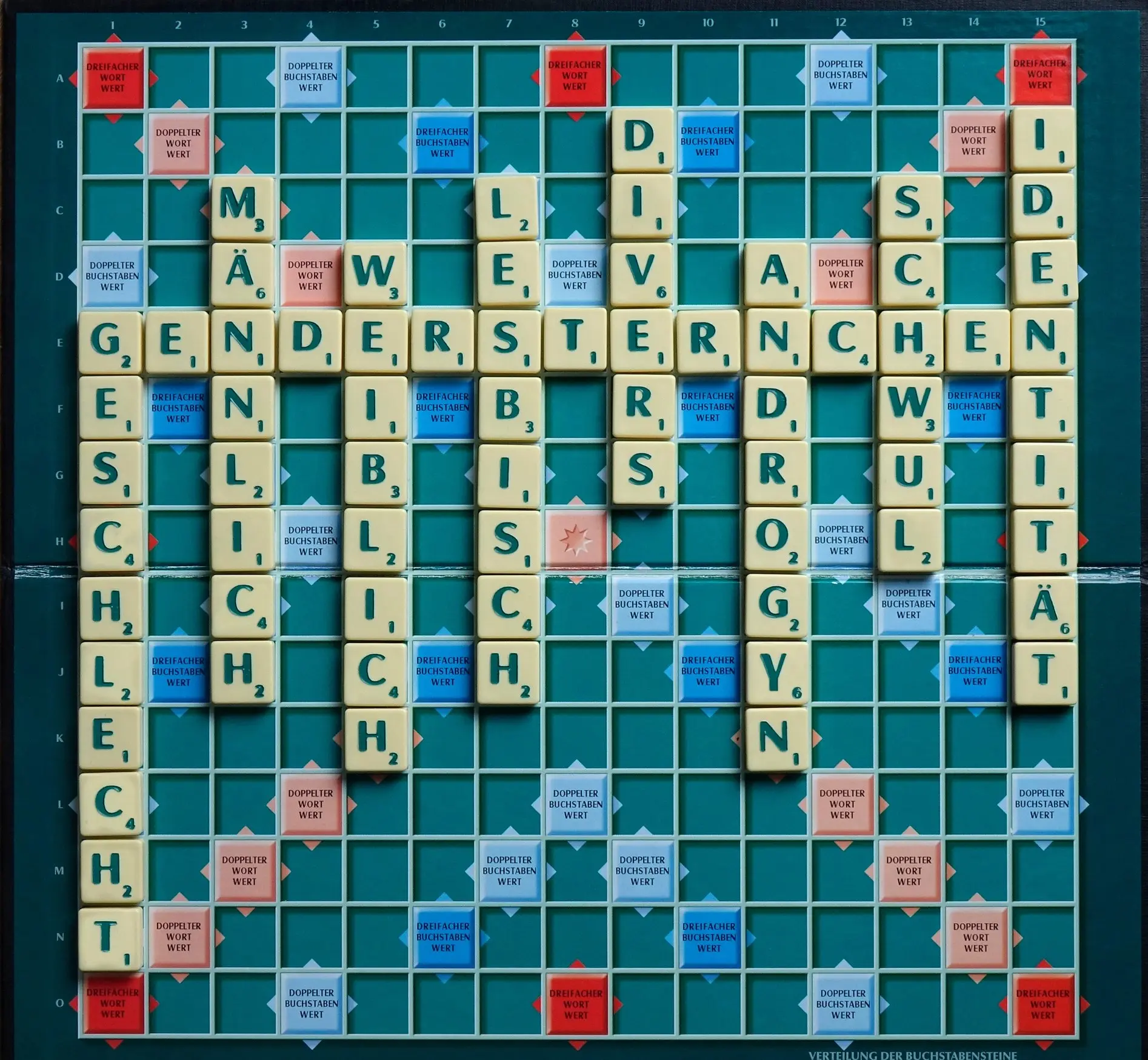 Ein Scrabble-Brett mit Wörtern aus der Gendersprache