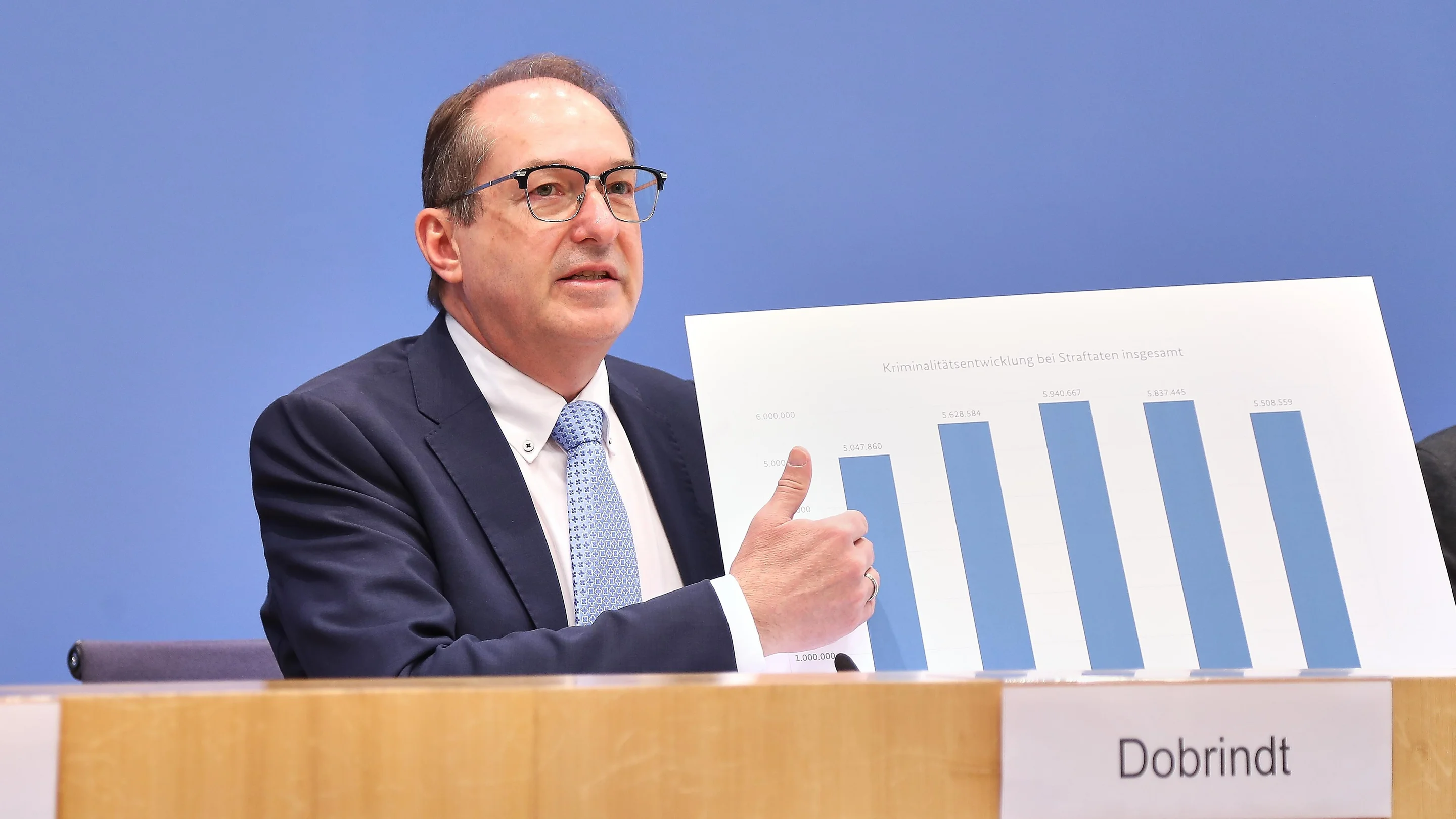 Alexander Dobrindt zeigt eine Statistik vor einer blauen Wand