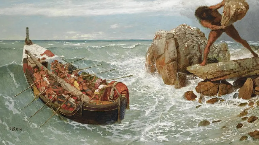 Arnold Böcklins Gemälde zeigt eine Szene aus Homers "Odyssee", in der der griechische Held Odysseus und seine Gefährten nur knapp dem Zyklopen Polyphem entkommen.