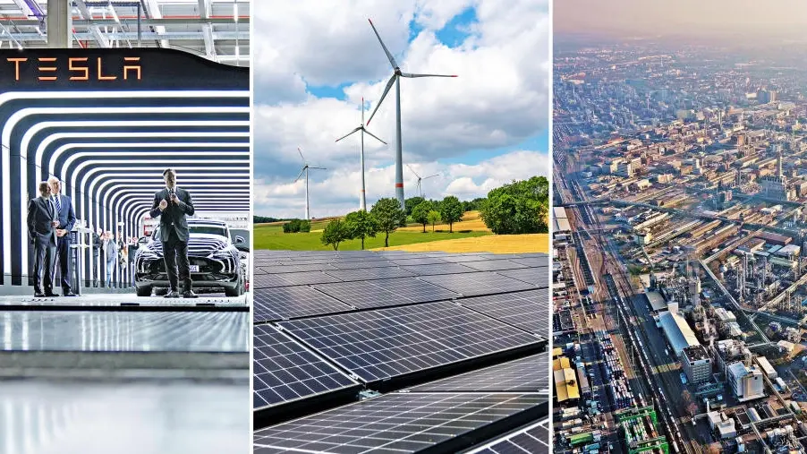 Collage aus drei Bildern: links: Schriftzug "Tesla" und Mitarbeiter; Mitte: Wind- und Photovoltaik-Park dazwischen Bäume; rechts: Aufnahme aus der Luft vom BASF-Werk in Ludwigshafen.
