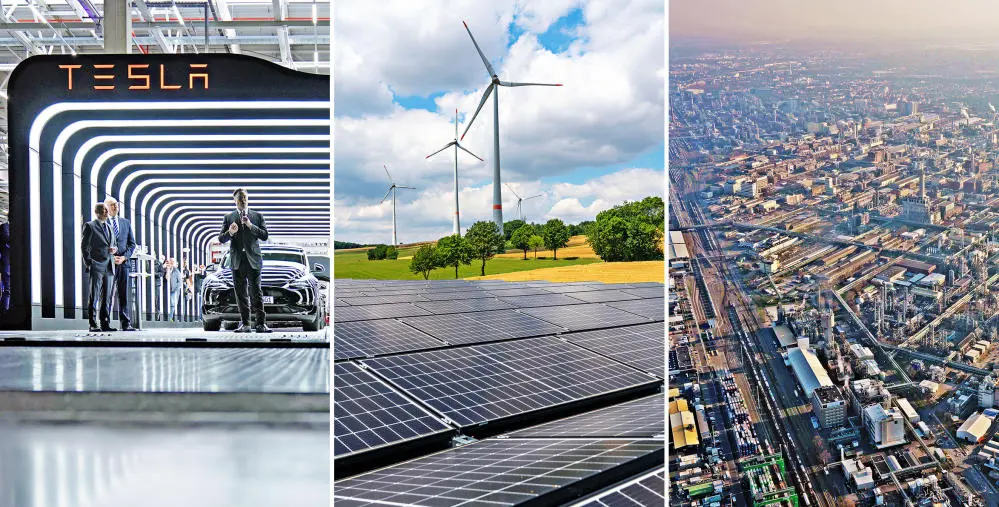 Die Unternehmen in Deutschland stehen vor großen Herausforderungen. Collage aus drei Bildern: links: Schriftzug "Tesla" und Mitarbeiter; Mitte: Wind