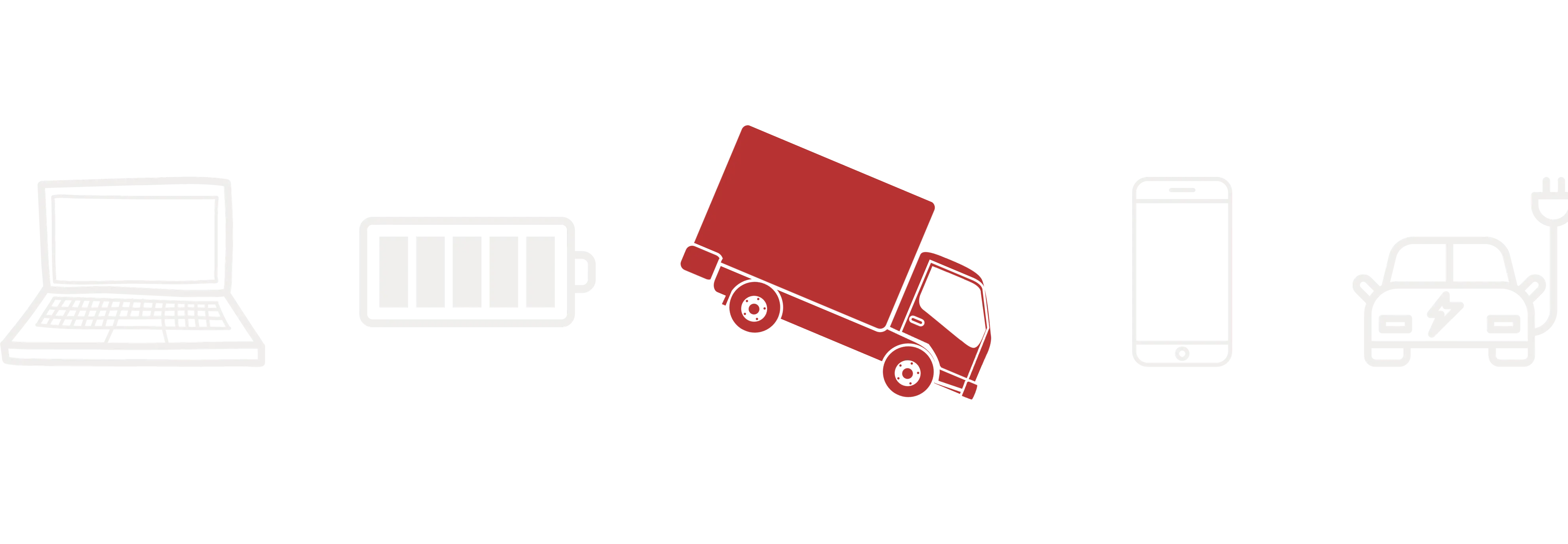 Illustration mit einem Laptop, einer Batterieanzeige, einem LKW, einem Smartphone und einem E-Auto.
