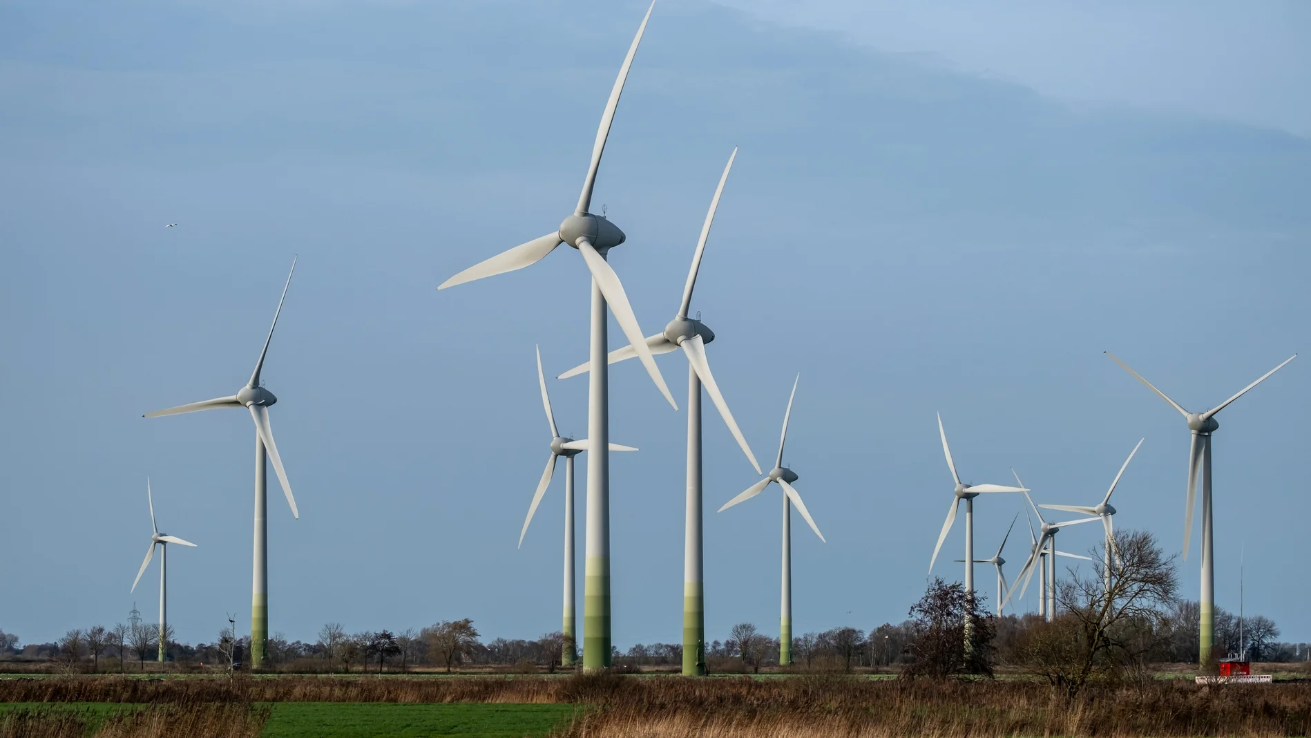 Mehrere Windräder vor einem blauen Himmel