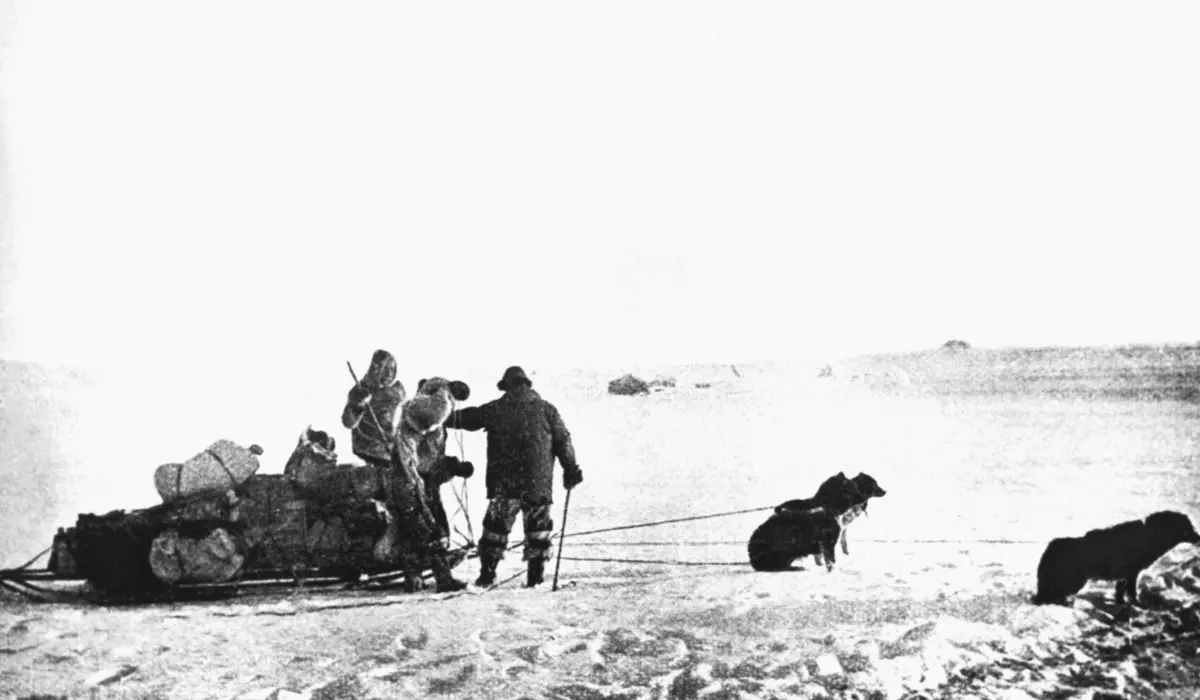 Roald Amundsen mit Schlittenhunden und der Flagge von Norwegen am Südpol
