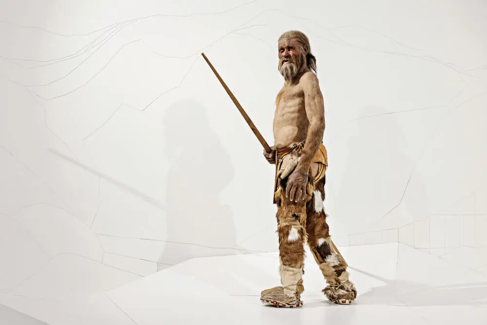 Rekonstruktion der berühmten Gletschermumie Ötzi im Südtiroler Archäologiemuseum