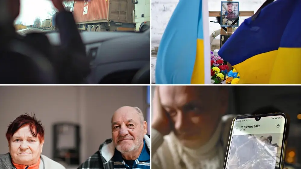 Collage aus vier Bildern zum Krieg in der Ukraine, Geflüchteten und Kriegsveteranen