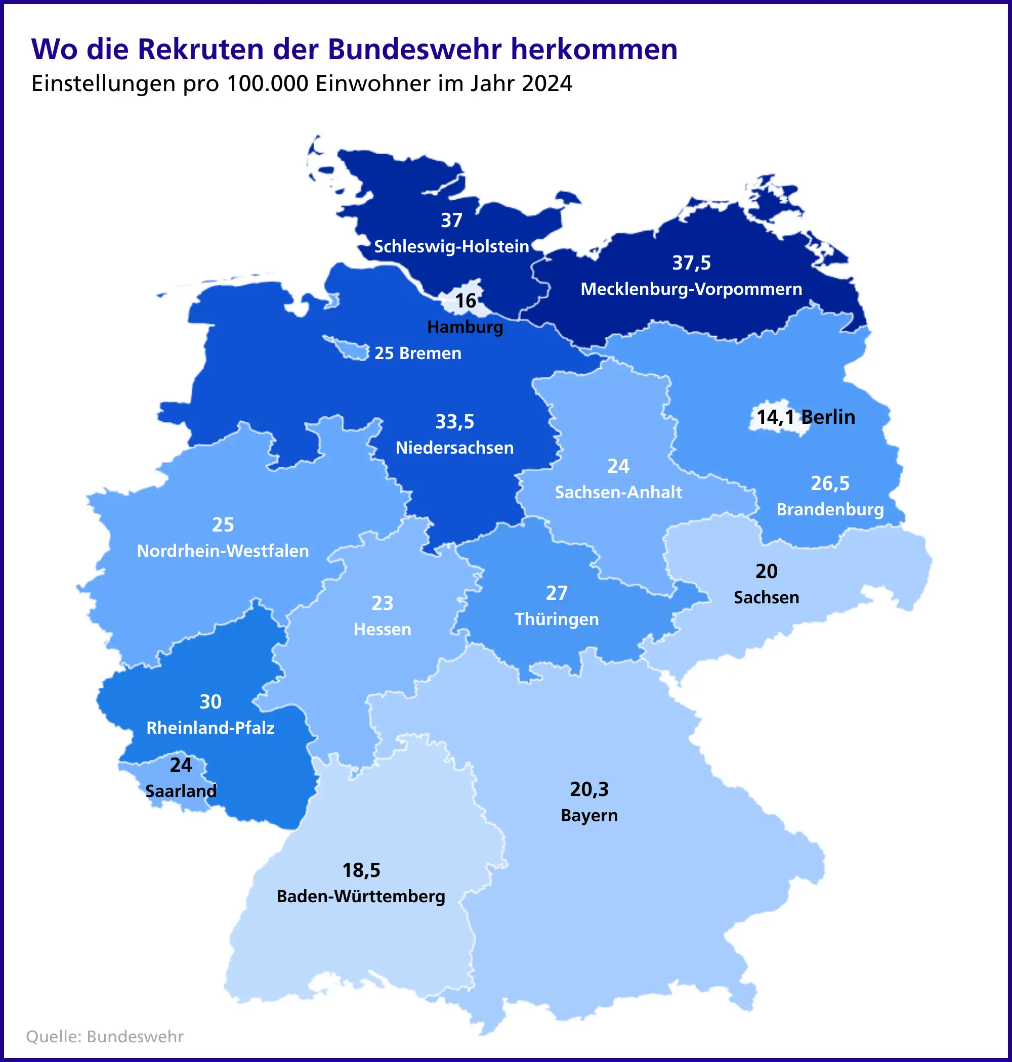 Hierher kamen die Rekruten Deutschlandkarte mit Angaben dazu, wo die Rekruten der Bundeswehr 2024 herkamen