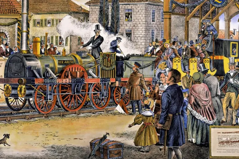 Das historische Gemälde zeigt eine Gruppe Personen, die in Richtung einer dampfenden Eisenbahn blicken.
