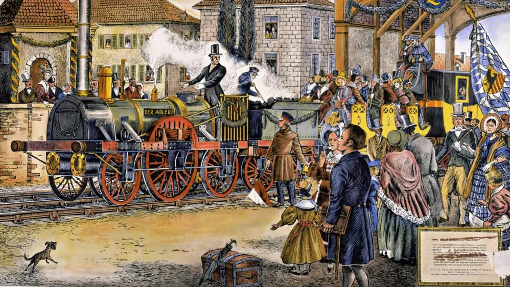 Das historische Gemälde zeigt eine Gruppe Personen, die in Richtung einer dampfenden Eisenbahn blicken.