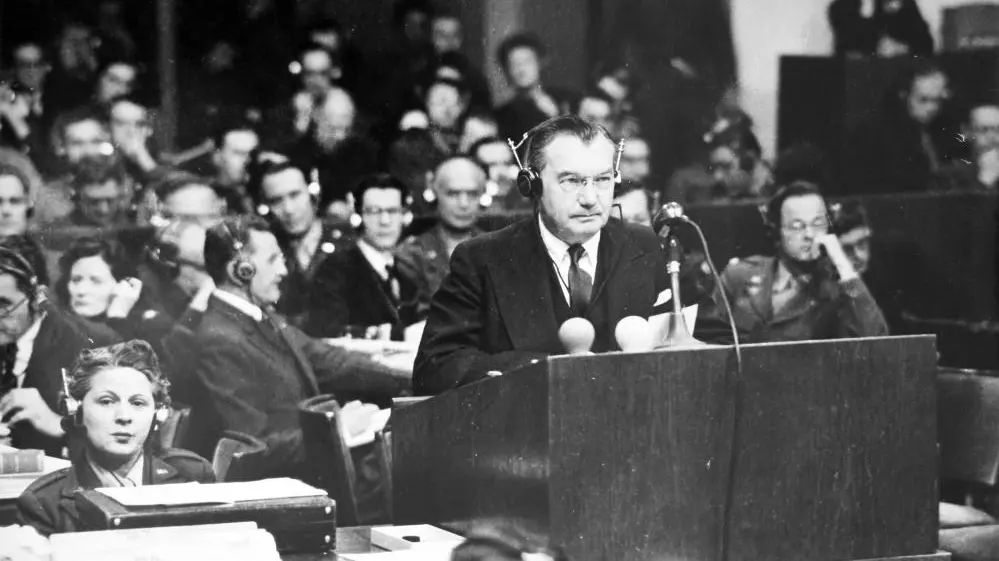 Chefankläger Robert H. Jackson während der Verhandlung im Gerichtssaal 