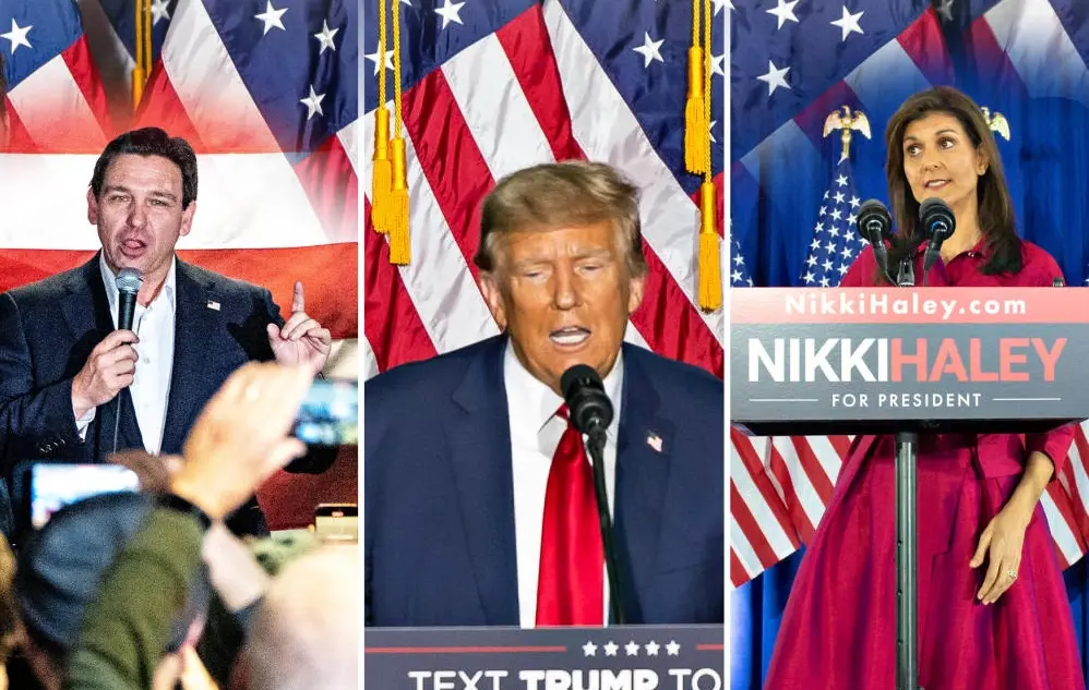 Collage von Ron DeSantis, Donald Trump und Nikki Haley
