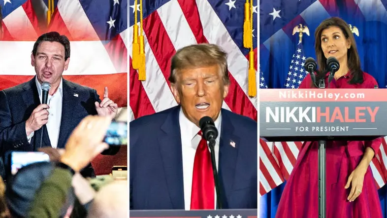 Collage von Ron DeSantis, Donald Trump und Nikki Haley