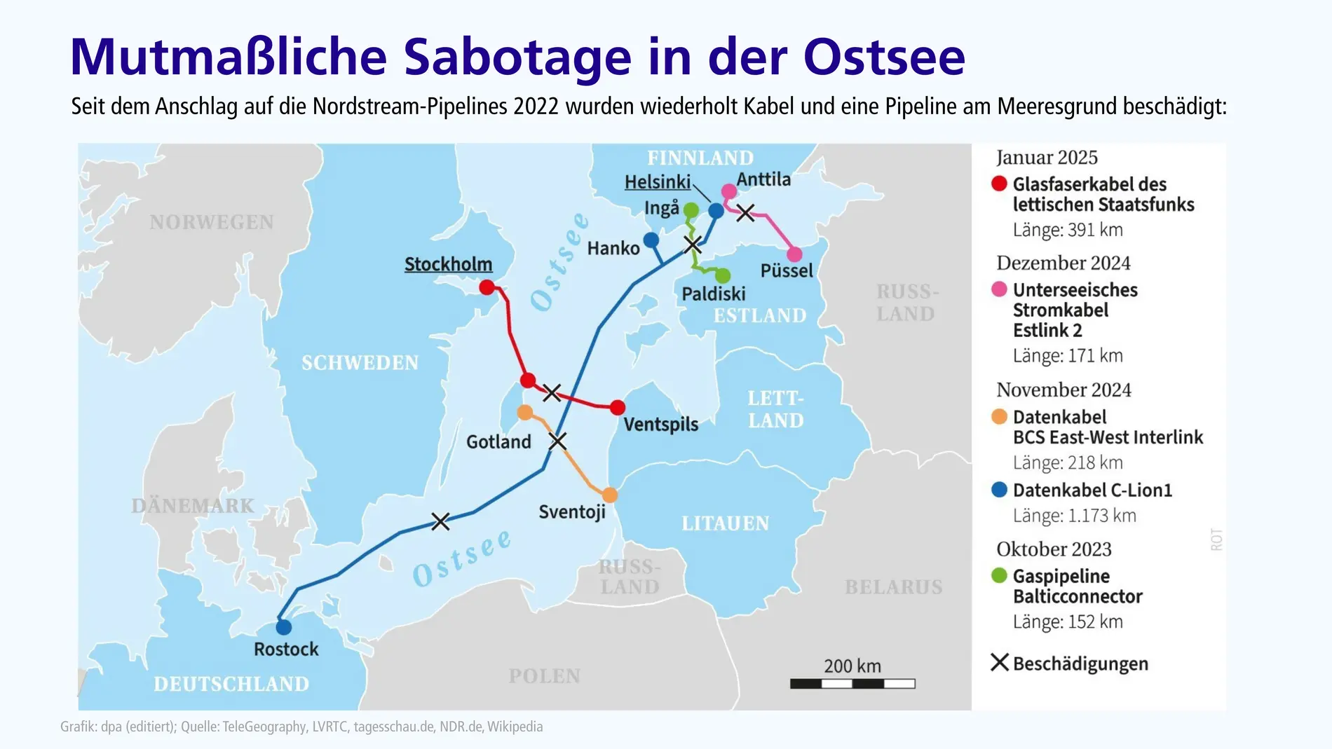 Karte zeigt mutmaßliche Sabotage in Ostsee nach 2022 Karte zeigt mutmaßliche Sabotage in Ostsee nach 2022