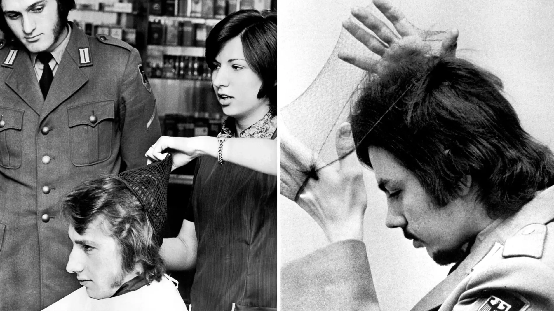 Eine Collage mit Bildern von Bundeswehrsoldaten mit langen Haaren und Haarnetz.