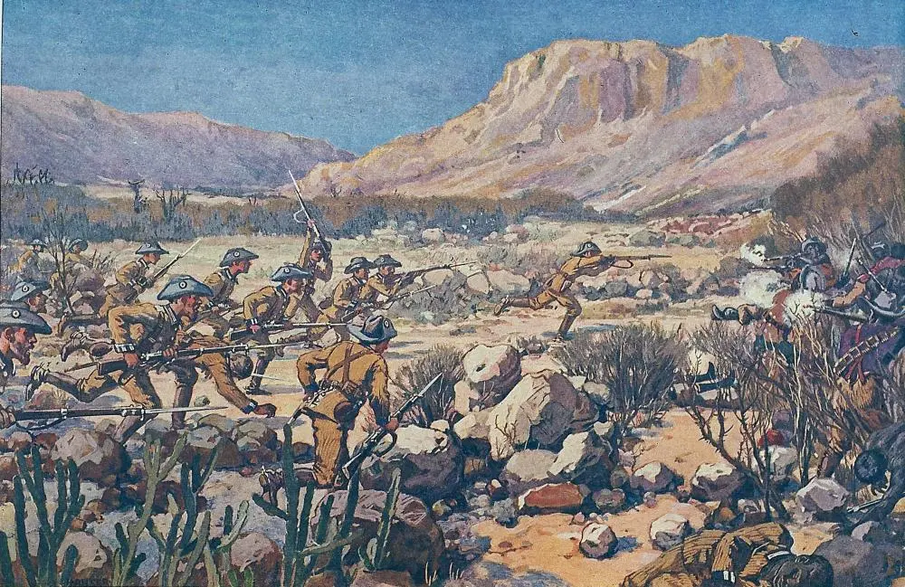 Herero Aufstand Historische Abbildung: Angriff der Schutztruppe auf eine Stellung der aufständischen Hereros.