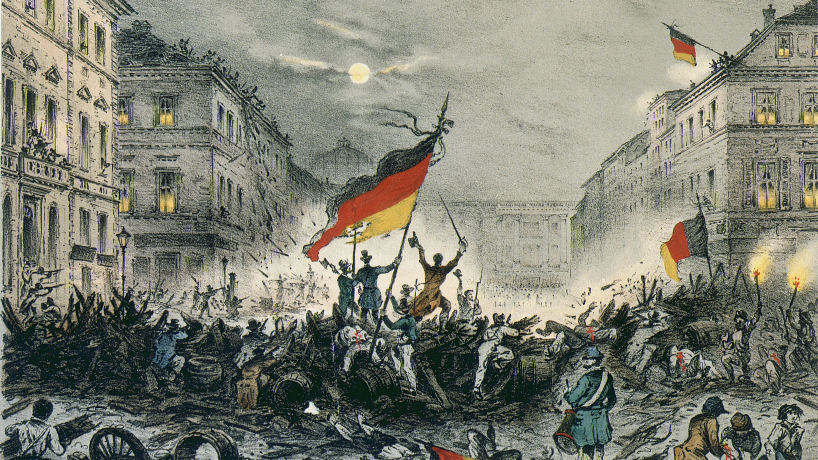 Kreidelithographie von den Straßenkämpfen 1848 in Berlin