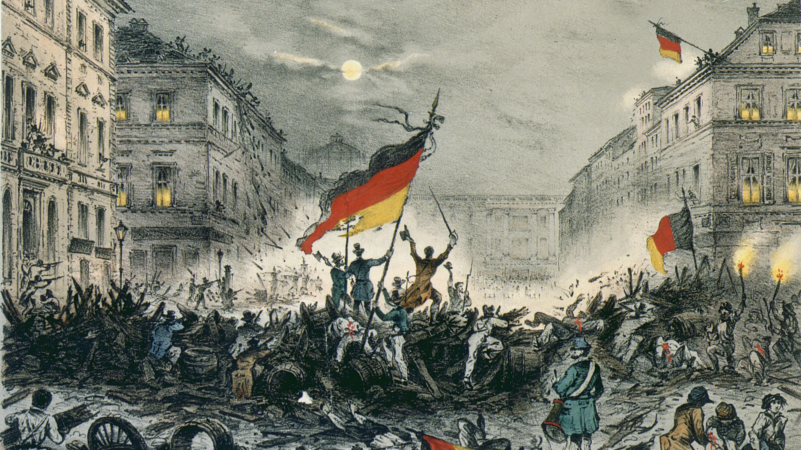 Kreidelithographie von den Straßenkämpfen 1848 in Berlin