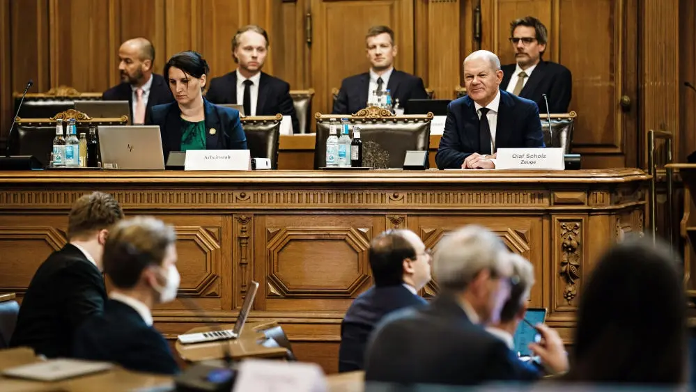 Scholz vor dem Hamburger Untersuchungsausschuss. Bundeskanzler Olaf Scholz (SPD) vor dem Hamburger Cum-Ex-Untersuchungsausschuss.