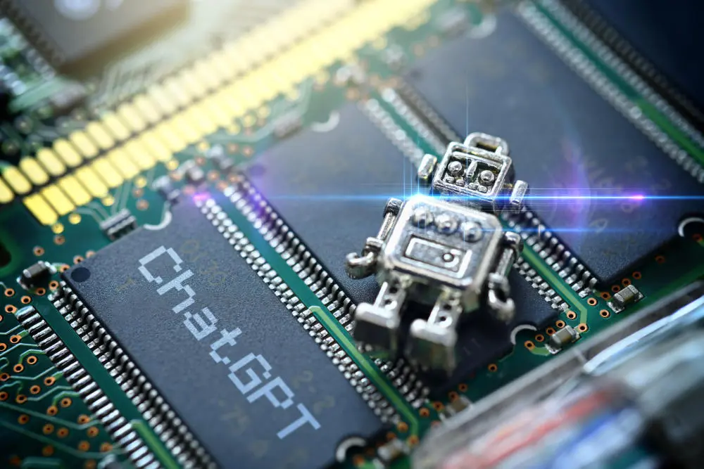 Ein kleiner Roboter liegt auf einem Computer-Chip, mit der Aufschrift "ChatGBT"