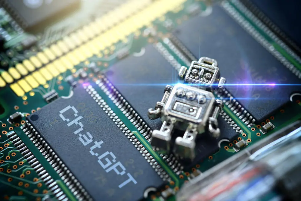 Regulation von KI-Systemen Ein kleiner Roboter liegt auf einem Computer-Chip, mit der Aufschrift "ChatGBT"